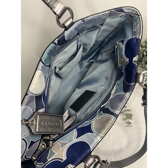 Coach Signature Op Art Scarf Print Blue Sateen Gallery Tote Handbag - Picture 5 of 12